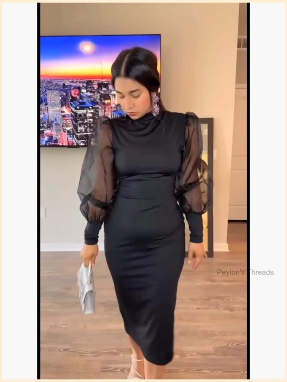 Sheer Mesh Bodycon Midi Dress with Puff Lantern Sleeves and Zipper - Picture 7 of 7